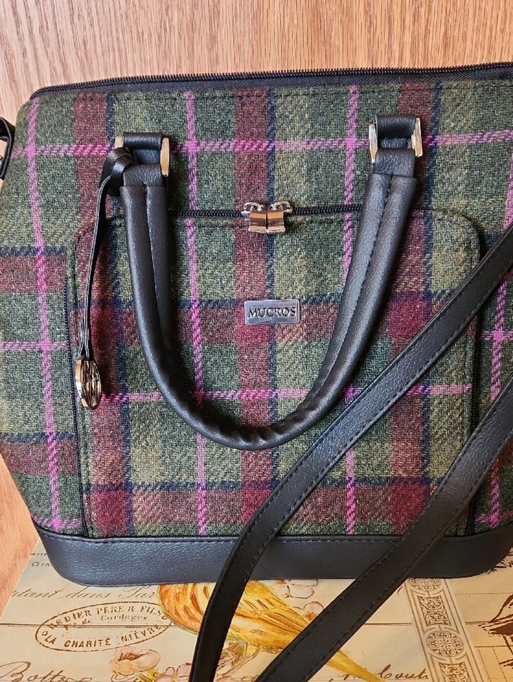 Mucros Green and Purple Plaid Satchel with Black Trim